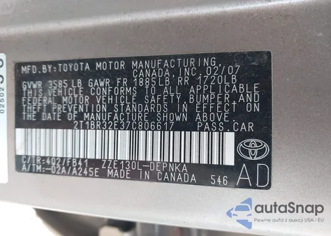 2007 Toyota Corolla Le from USA, damaged, VIN 2T1BR32E37C806617